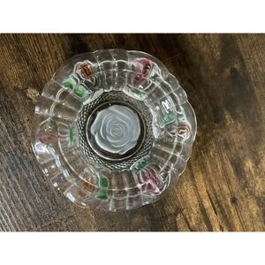 VTG Pressed Glass Ashtray Frosted Rose Hand Painted Flower - Indonesia